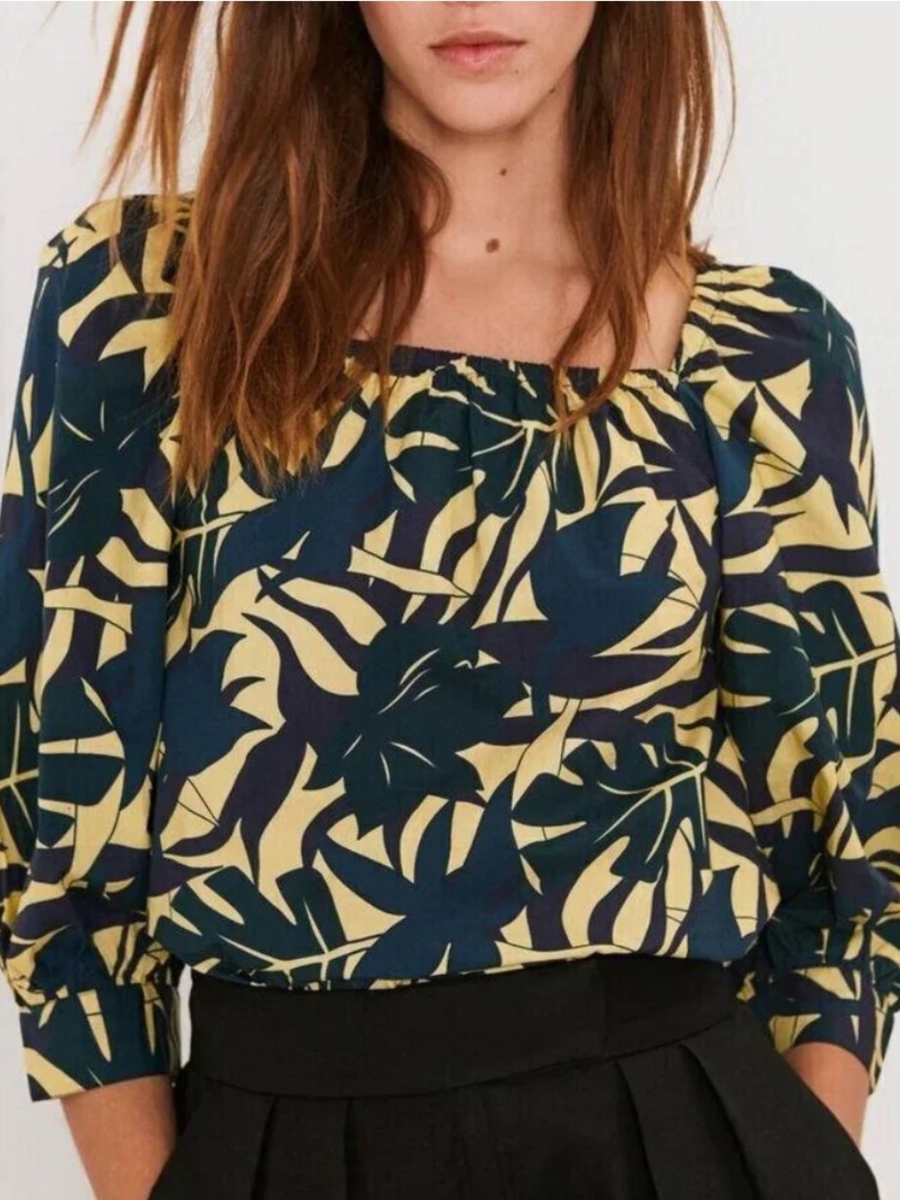 ba&sh Leaf Print Square Neck Blouse Navy Green Yellow 100% Cotton